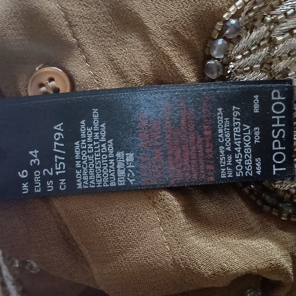 Topshop Beaded Sequined Silver Embroidered Birds Blouse Brown Crepe 2 Petite - Picture 7 of 7